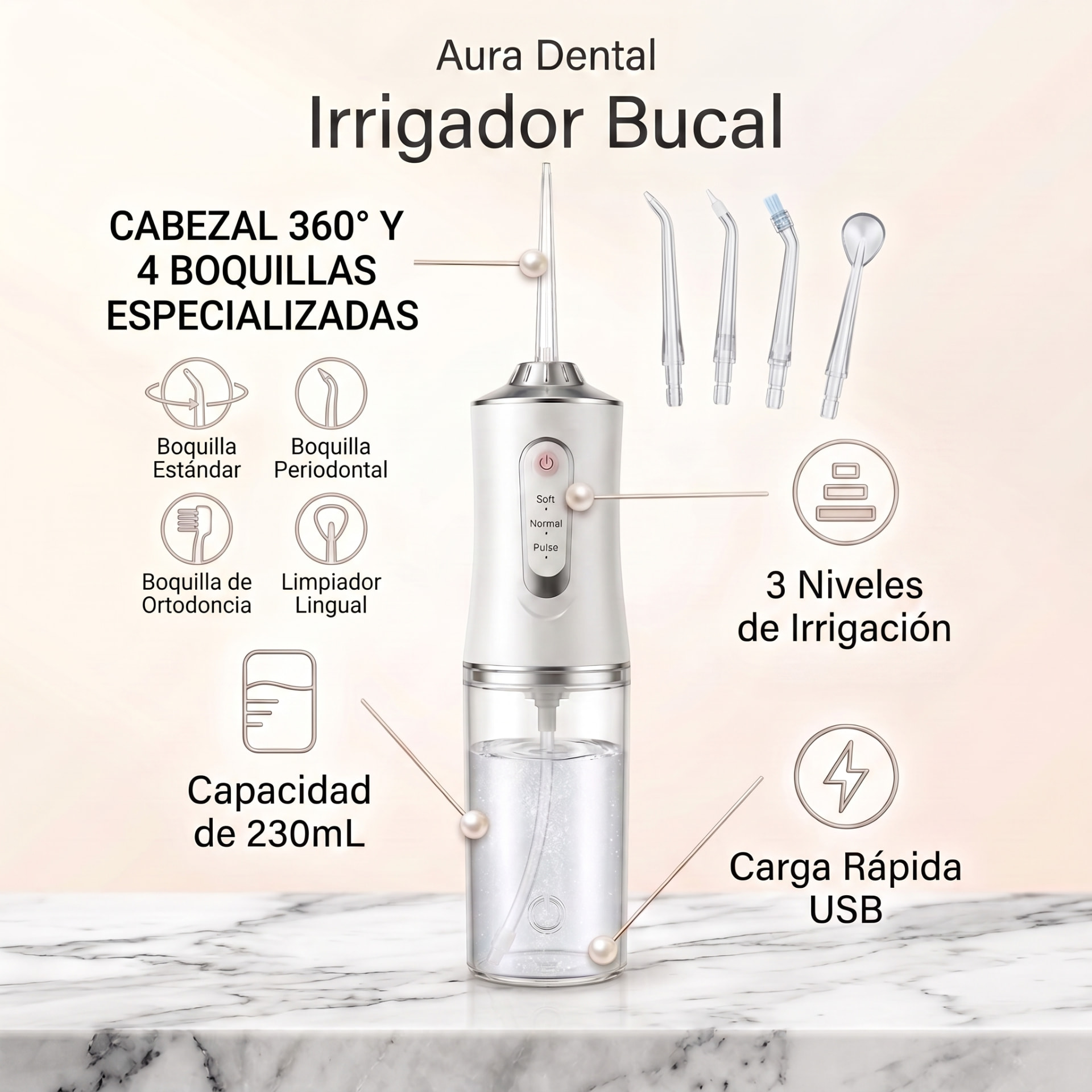 Irrigador Bucal Aura + 4 puntas intercambiables + guía de higiene bucal - vista 4
